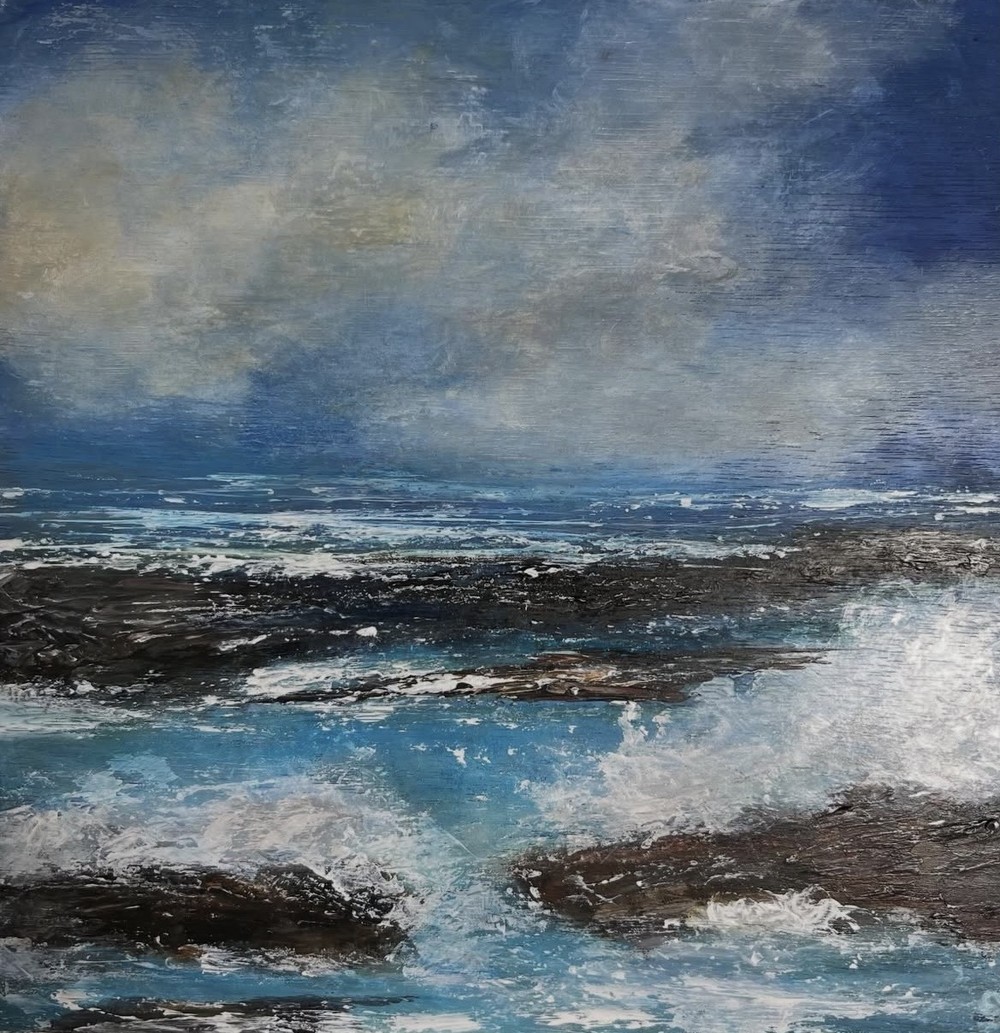 Painting of surf breaking over dark rocks under a moody blue and grey sky