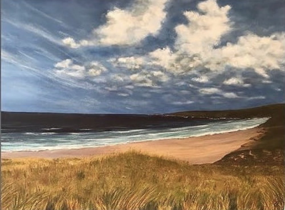 Painting of golden coastal grass above a sandy beach, with a dark blue sea and dramatic sky