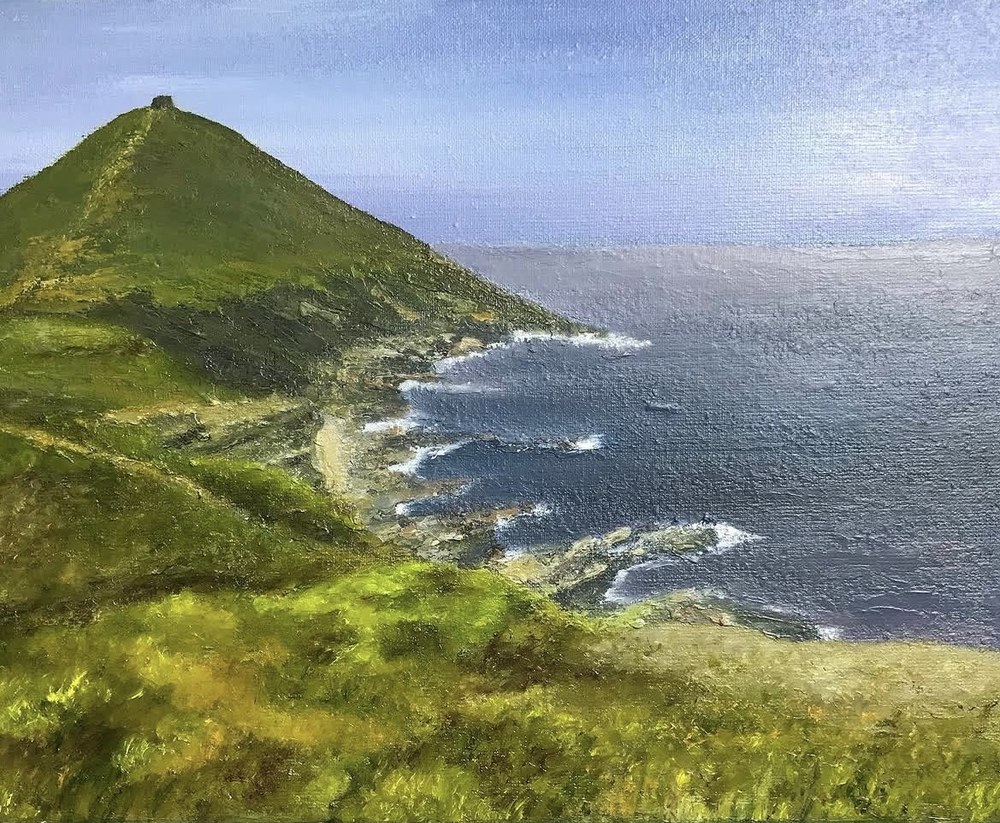 Painting of a steep green hill sloping down to a rocky coastline and blue sea