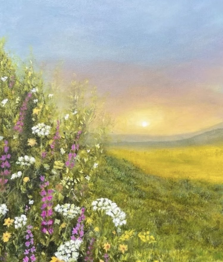 Painting of a wildflower meadow on a hillside above a sunset valley