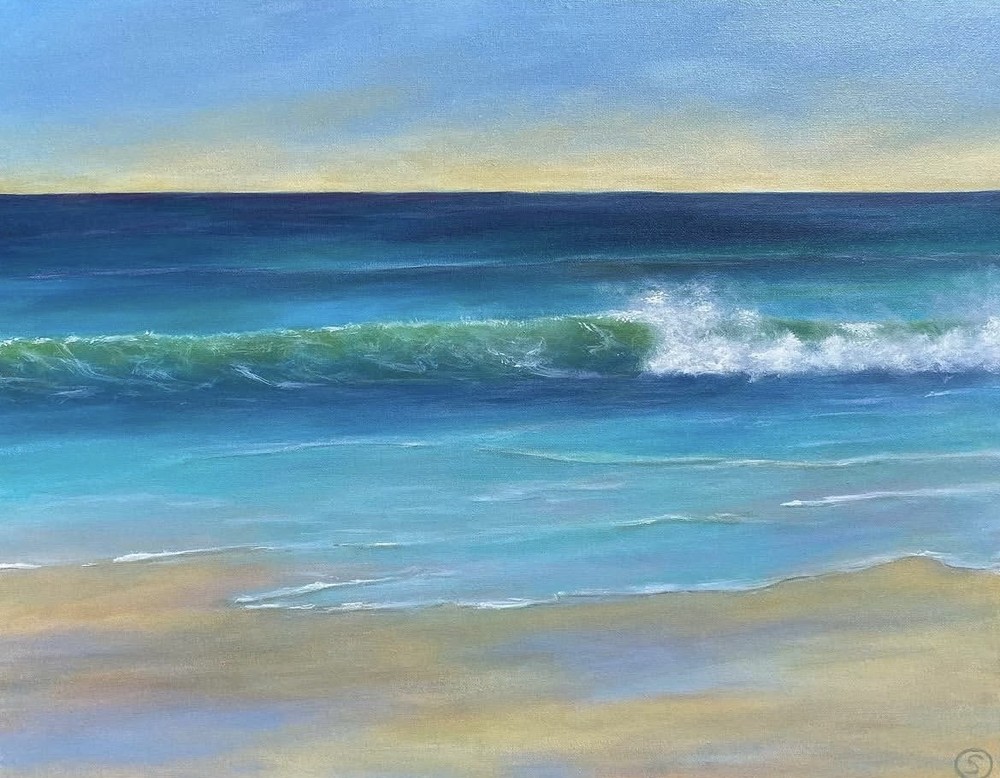 Painting of a gentle wave rolling onto a sandy shore