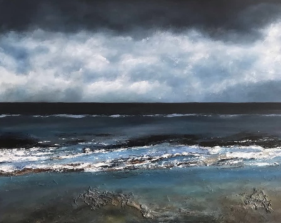 Painting of a stormy seascape with dark cloud, heavy waves and textured sand in the foreground
