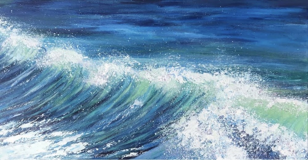 Painting of a deep blue ocean wave breaking into white foam