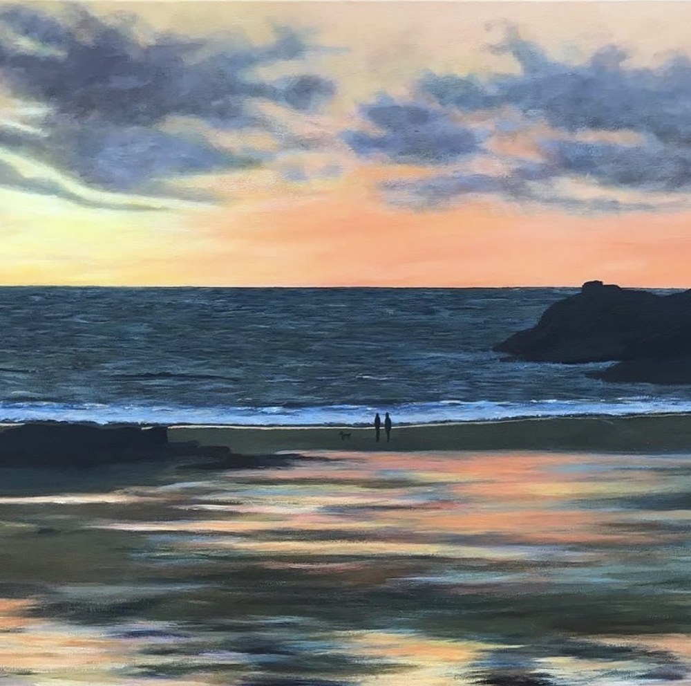 Painting of two figures and a dog on a beach at sunset, reflected in the wet sand