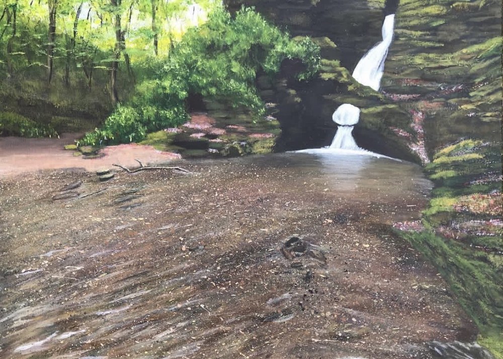 Painting of a small waterfall falling into a wide, still forest pool