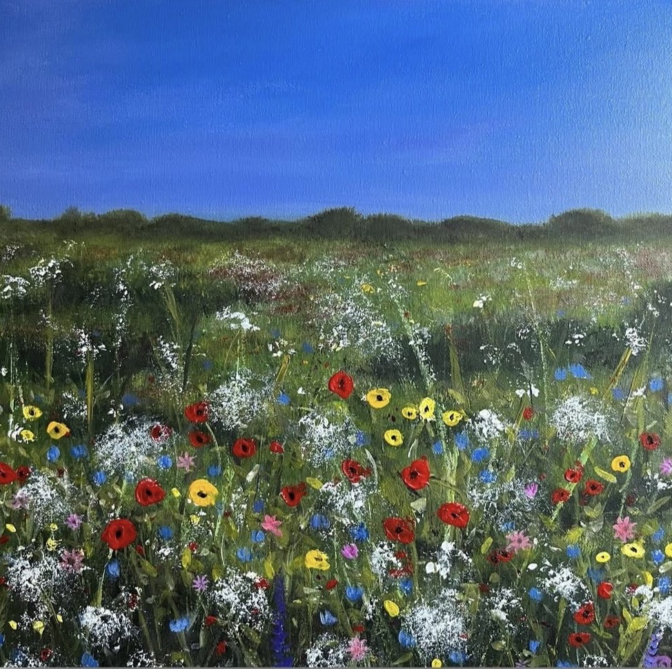 Painting of a wildflower meadow with red poppies under a bright blue summer sky