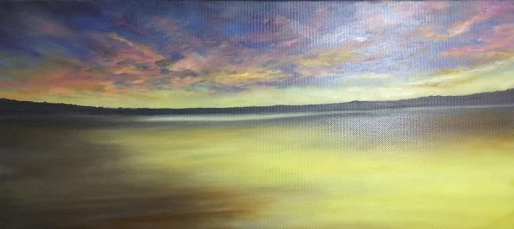 Painting of a calm sea at dawn with luminous yellow-green water beneath a blue and pink sky