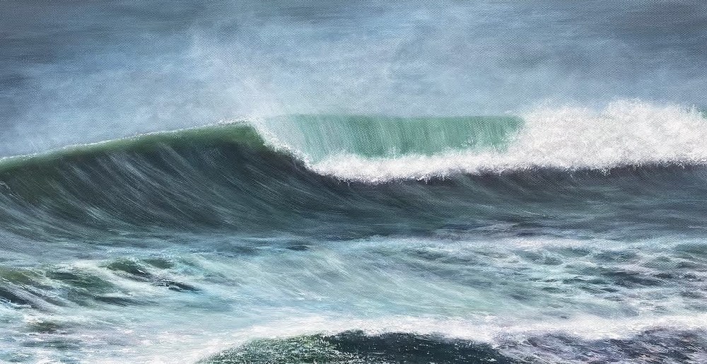 Painting of a breaking wave close up, with translucent green water and white foam
