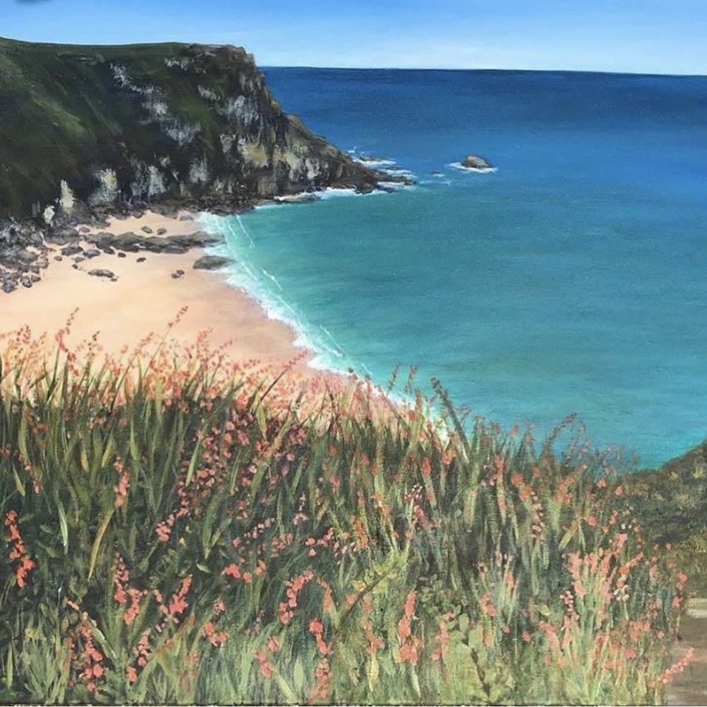 Painting of a coastal cove with coral-pink wildflowers in the foreground and turquoise water below