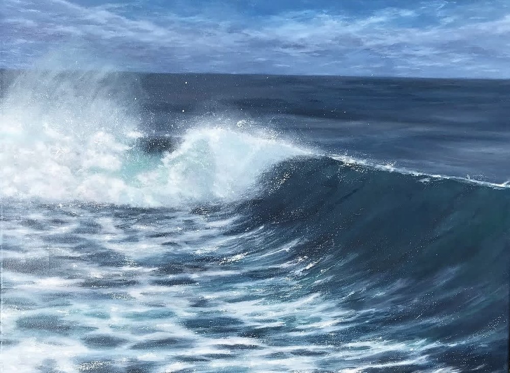 Painting of a large dark blue wave breaking forward with white spray and foam