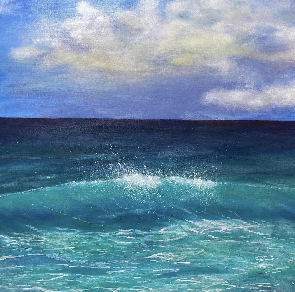 Painting of a breaking wave with white spray against a dark blue horizon and pale cloud